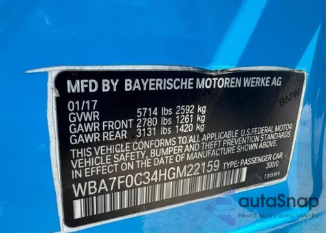 2017 BMW 750 I z USA, uszkodzony, nr VIN WBA7F0C34HGM22159